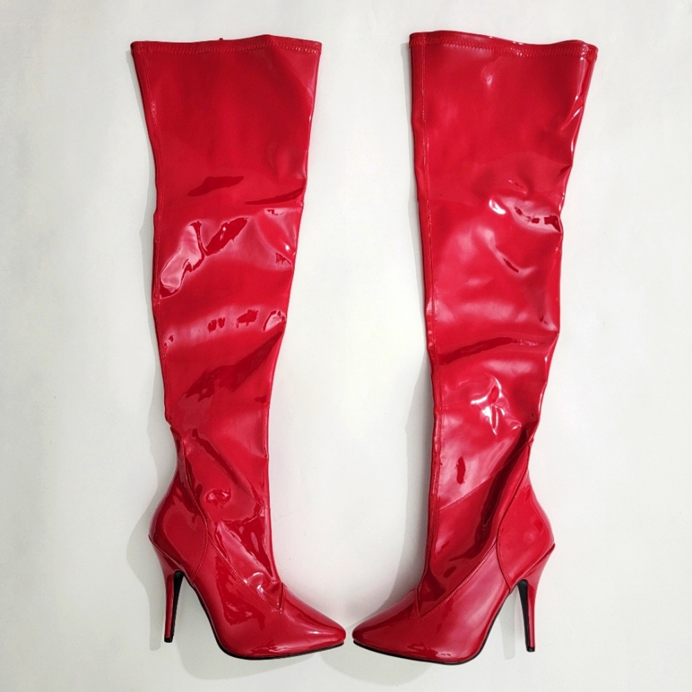 "PLEASURE" RED Over The Knee Patent Vinyl Boots.